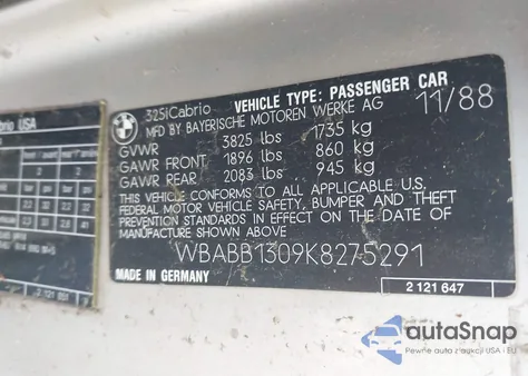 1989 BMW 325 I из США, поврежденный, VIN WBABB1309K8275291